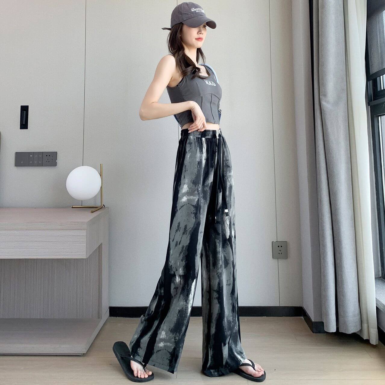 Pantalon décontracté ample taille haute élastique avec peinture à l&