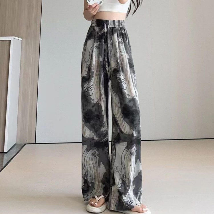 Pantalon décontracté ample taille haute élastique avec peinture à l&