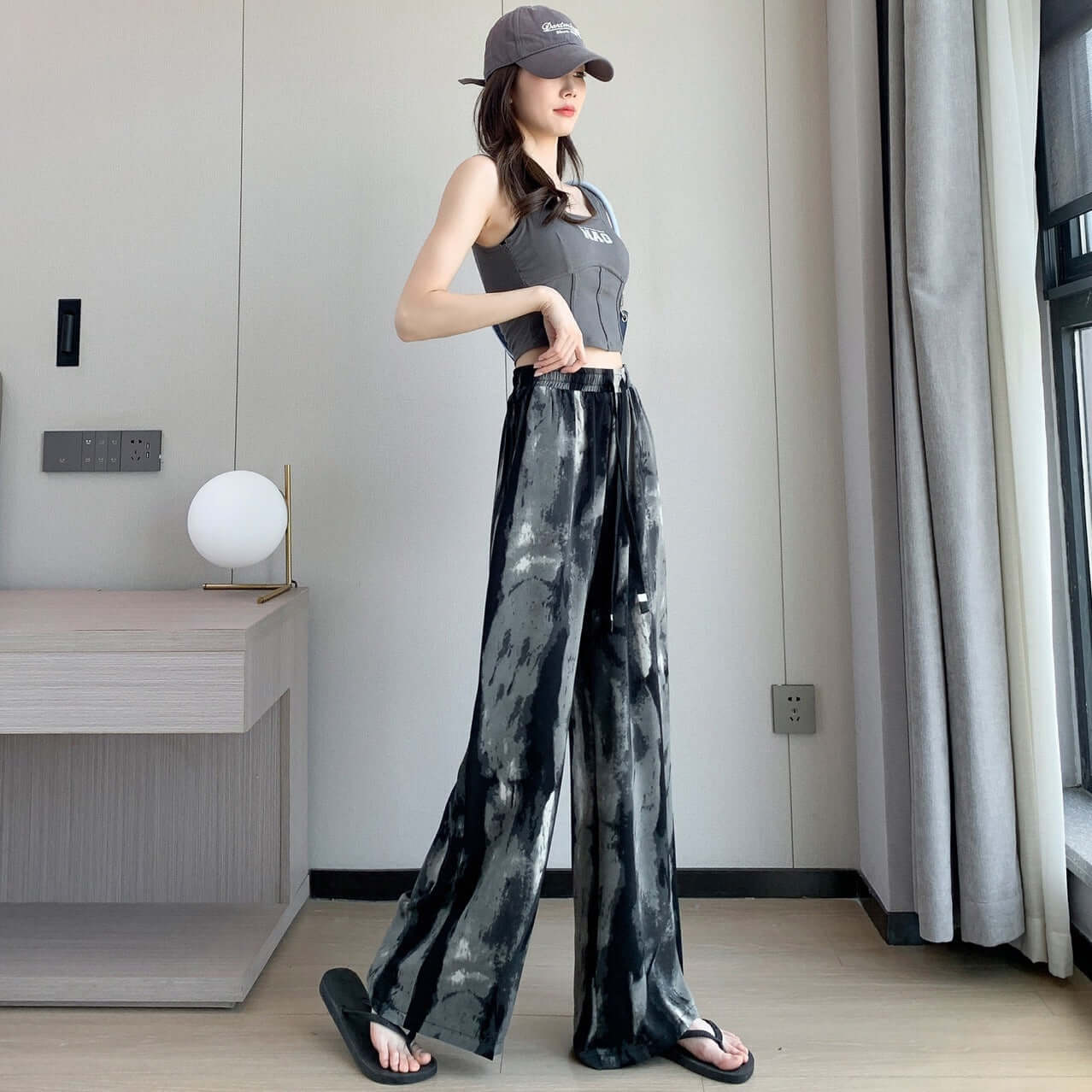 Pantalon décontracté ample taille haute élastique avec peinture à l&