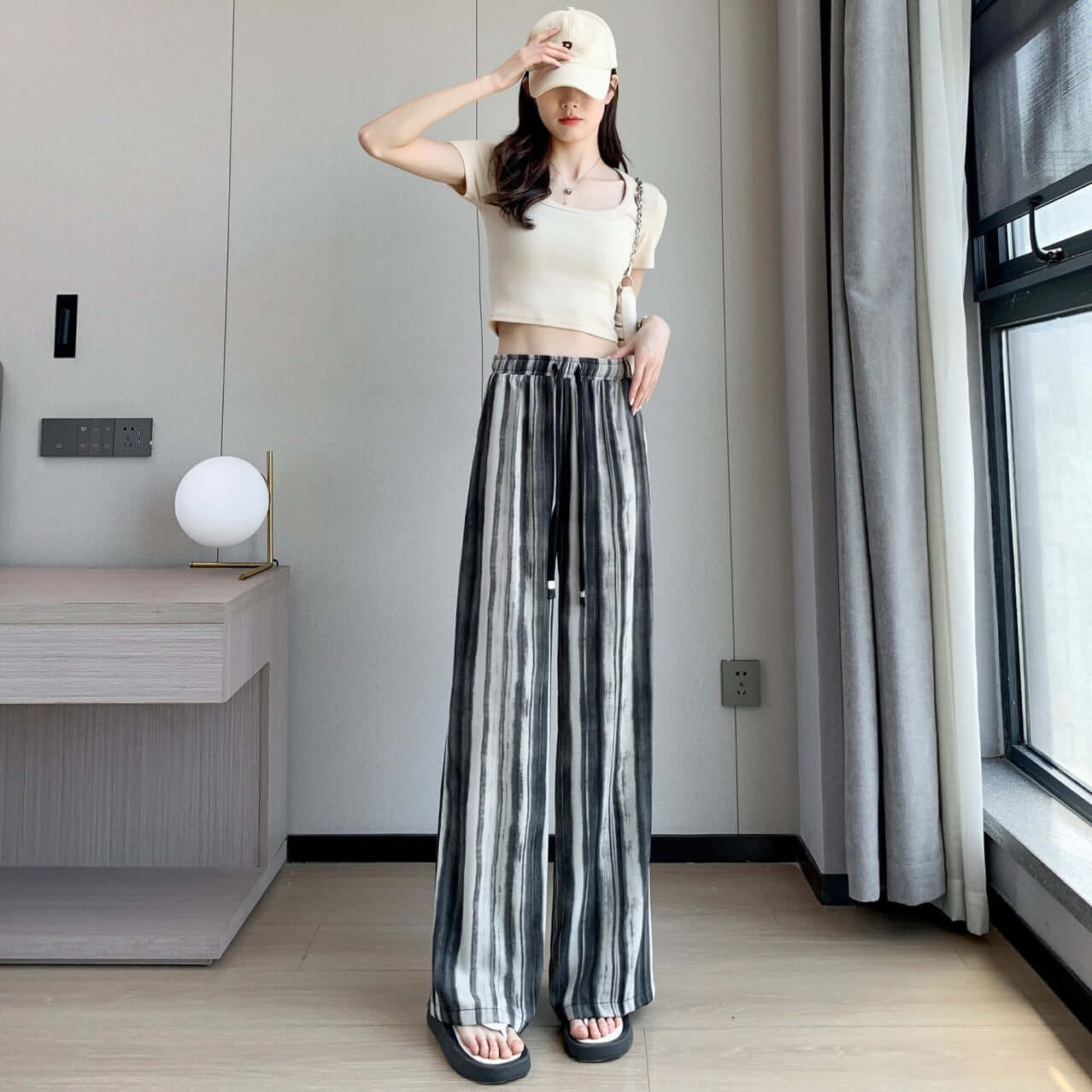 Pantalon décontracté ample taille haute élastique avec peinture à l&
