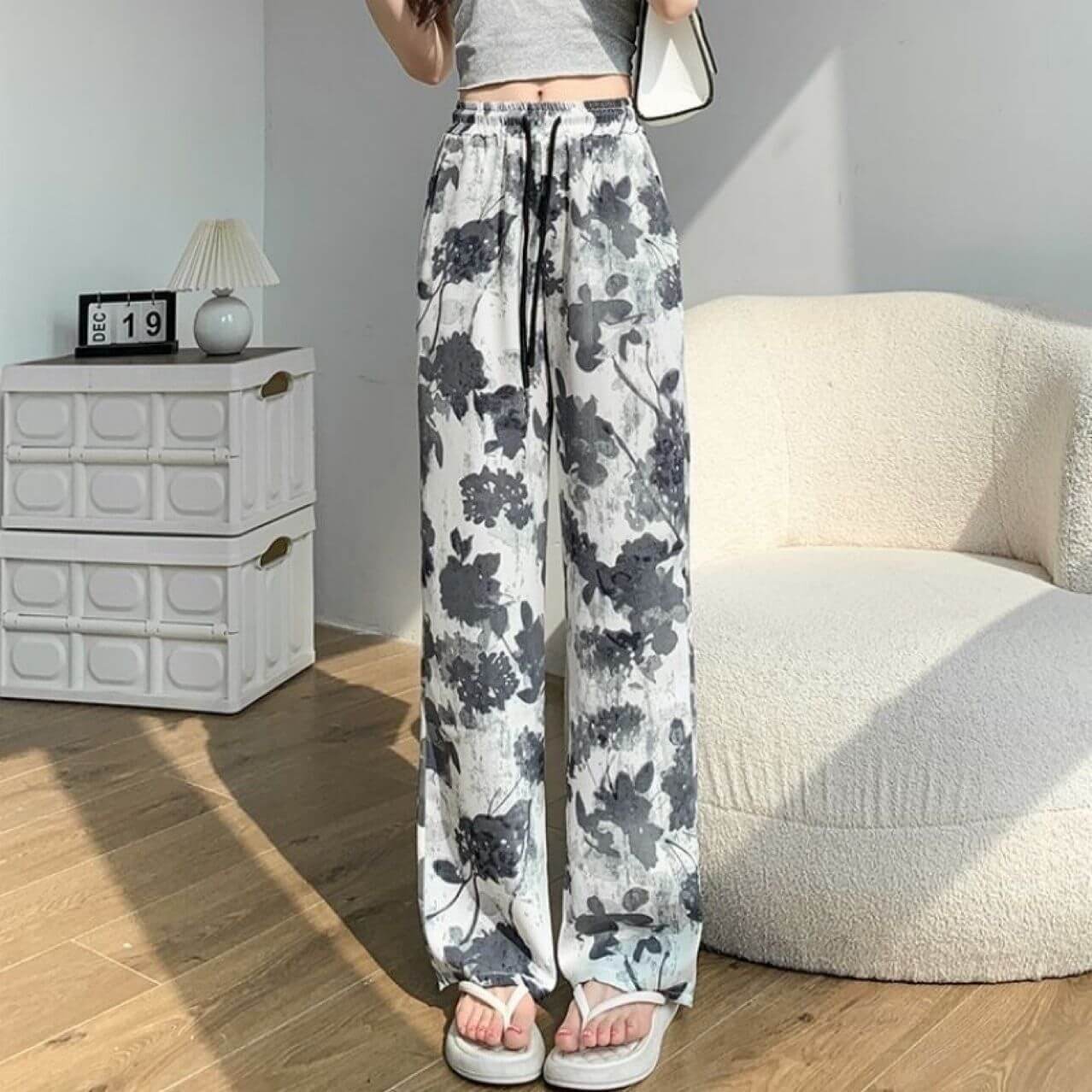 Pantalon décontracté ample taille haute élastique avec peinture à l&